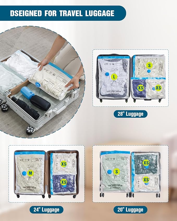 Vacuum Storage Bags for Travel, 8 Pack (4S+4XS) Vacuum Seal Bags with Wireless Rechargeable Electric Pump, Travel Essentials Space Saving Compression Bag for Clothes, Luggage, Suitcase, Backpack, Trip