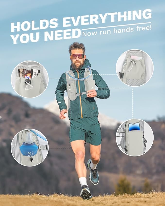 Running Vest for Women and Men, Hydration Running Backpack, Runners Vest, Hydration Vest, with Front Phone Holder, Adjustable Chest and Waist Strap