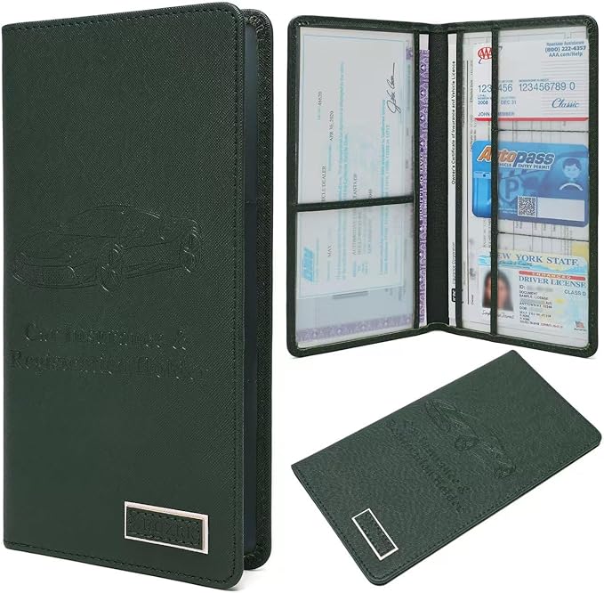 Car Registration and Insurance Holder Glove Box Folder-Premium Car Folder, Car Document Holder for Cards, Driver License & other Essential Documents (Green)