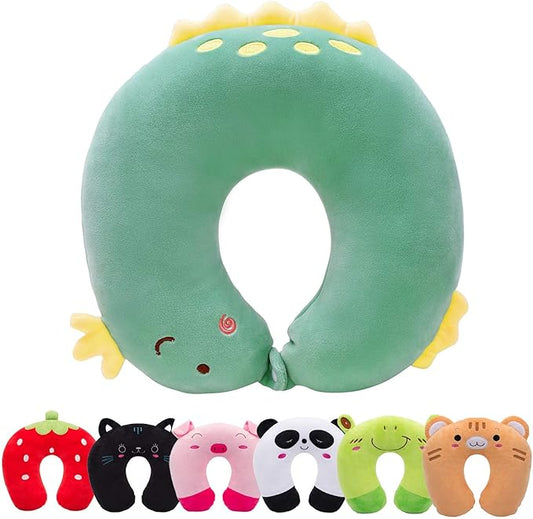 H HOMEWINS Travel Pillow for Kids,Cute Animal Toddler Neck Pillow for Boys Girls,Soft Neck Head Chin Support Pillow,Travel Accessories for Airplane, Car, Train,Recline(Green Dinosaur)