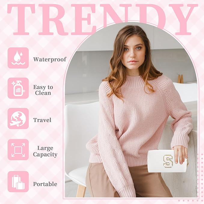 Small Initial Patch Makeup Bag Personalized Gifts Make Up Bag,White Cute PU Leather Glitter Letter Cosmetic Bag with Zipper,Trendy Portable Travel Toiletry Pouch,Preppy Stuff for Teen Girls Women S