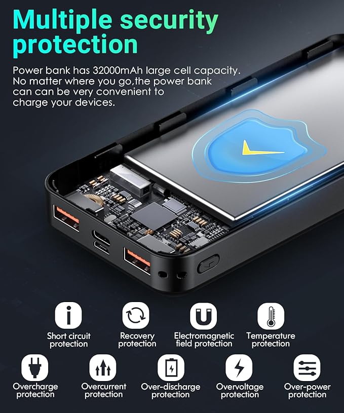 Power-Bank-Portable-Charger - 32000mAh Power Bank Output 5V3A Fast Charger Portable Charger with Built-in LED Display Compatible with Smartphones and All USB Devices (Black)