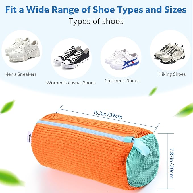 Orange Large Shoe Laundry Bag Set of 2, Mesh & Microfiber, Zipper Closure, Machine Washable, Shoe Cleaning Bag for Washing Machine