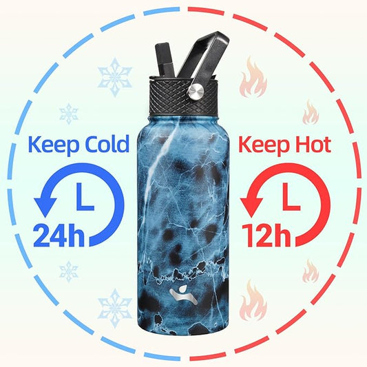 32 oz Insulated Water Bottle Stainless Steel Sport Bottles with 3 Lids,Marble Ocean