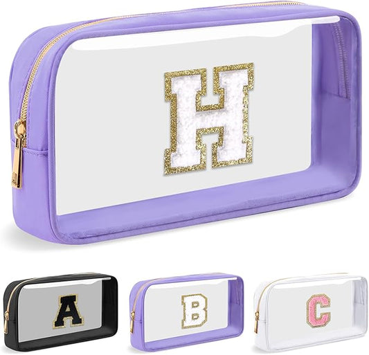 Personalized Initial Letter Clear Makeup Bag,Preppy Small Nylon&PVC Cosmetic Zipper Bag with Chenille Letter,Travel Skincare Toiletry Bag,Monogram Christmas Gift for Teen Girls Women,H