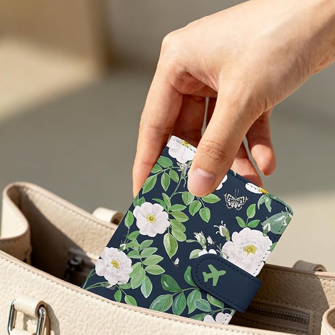 Passport Holder, Travel Wallet Cover with Pen Loop | Cute RFID Blocking Leather Case with Magnetic Closure for Travel Essentials-flower