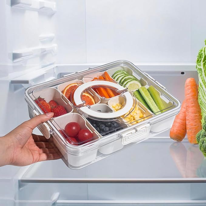Divided Snack Serving Tray with Lid and Handle Travel Snackle Charcuterie Container Portable Storage Organizer for Candy, Fruits, Nuts, Snacks, Party, Picnic 2 Packs White