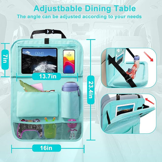 2Pack Car Backseat Organizer with Foldable Table Tray,6 Storage Pockets Car Storage Organizer with Tablet Holder,Car Seat Back Protectors Kick Mats Travel Accessories Blue