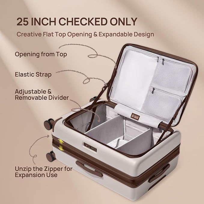 NINETYGO Medium Checked Luggage 25 Inch, Flat Top Opening Checking In Luggage with Cup Holder, Expandable, Coffee-Infused PC Hard Shell, Eco-Friendly, TSA Lock, 360° Spinner Wheels (Latte)