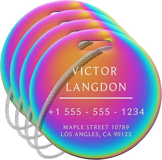 Stainless Luggage Tags for Suitcases 4 Pack: Metal Personalized Luggage Tags for Backpacks & Bags with Customizable Texts (Rainbow)