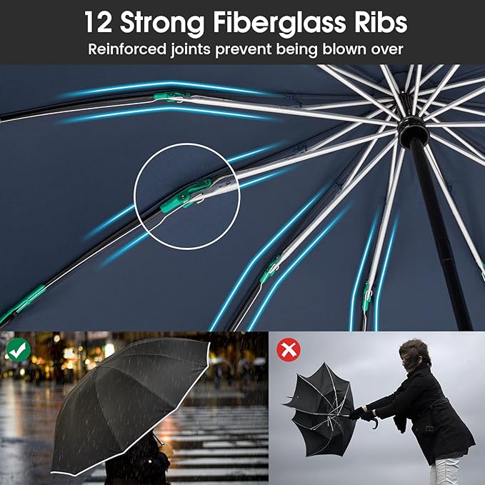 G4Free 54 Inch Large Double Layer Inverted Umbrella, 12 Ribs Compact Windproof Automatic Folding Reverse Umbrella with Reflective Strip for rain