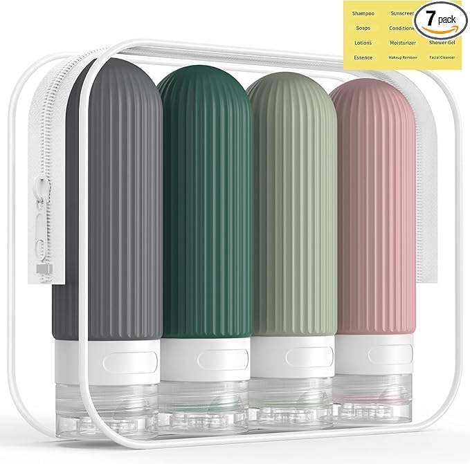 ME.FAN Travel Bottles for Toiletries, TSA Approved 3oz Silicone Journey Size Containers, Portable Split Bottle for Conditioner, Shampoo, Lotion- 4 Pack Morandi