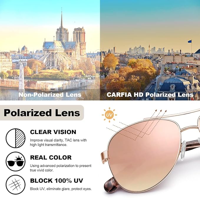 CARFIA Retro Trendy Pilot Sunglasses for Women Polarized UV Protection, Lightweight Outdoor Driving Lady Sunnies Metal Frame