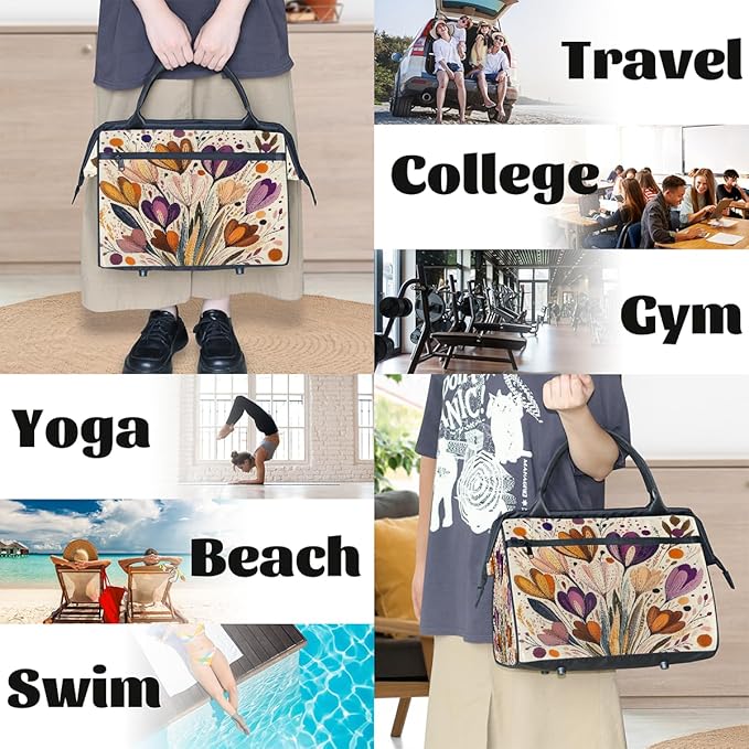 Large Travel Duffle Bag for Women Men,Waterproof Weekender Overnight Bag Carry on Tote Bags for Gym Sport Business Trip,Boho Floral On Beige Duffel Bags