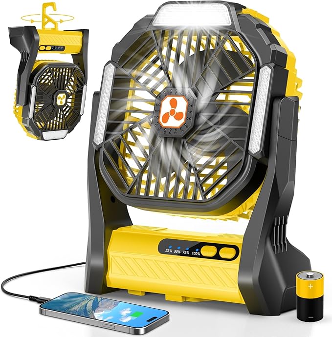 Portable Rechargeable Fan, 20000mAh Cordless Battery Powered Camping Tent Fans with SOS & LED Lantern, Small USB C Operated Outdoor Ventilador for Fishing Travel Camp Picnic Beach Office Desk Home