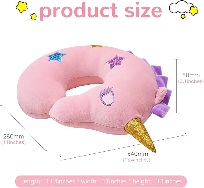 H HOMEWINS Travel Pillow for Kids,Cute Animal Toddler Neck Pillow for Boys Girls,Soft Neck Head Chin Support Pillow,Travel Accessories for Airplane, Car, Train,Recline (Unicorn)