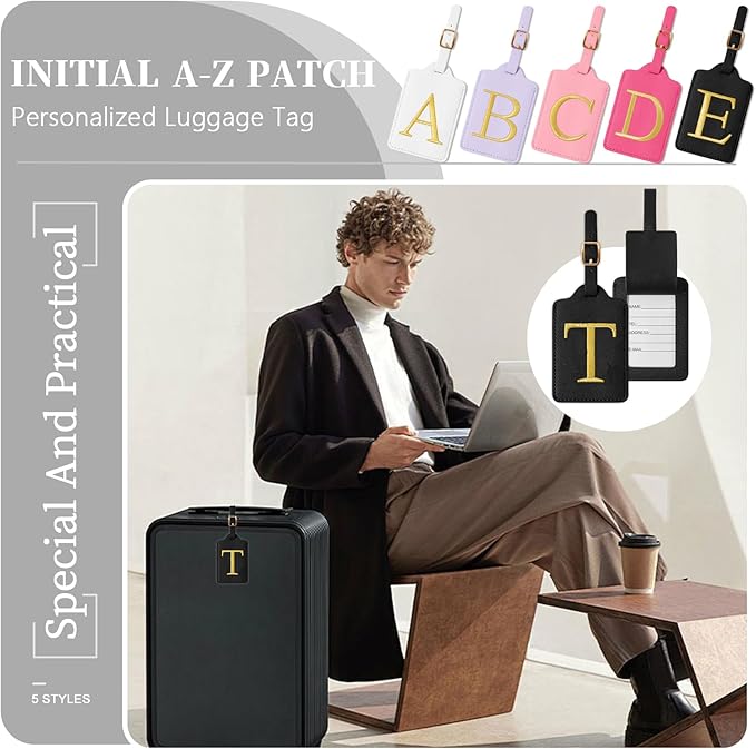 Personalized Initial Luggage Tags for Suitcase TSA Approved, Black Leather Cute Luggage Tag with Privacy Cover Name Card, Embroidered Custom Luggage Tags Travel Backpack Tags Gifts for Women Kids(T)