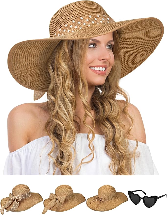 Senker Fashion Sun Hats for Women, Wide Brim Floppy Beach Straw Hat for Summer Travel Vacation Foldable with Sunglasses