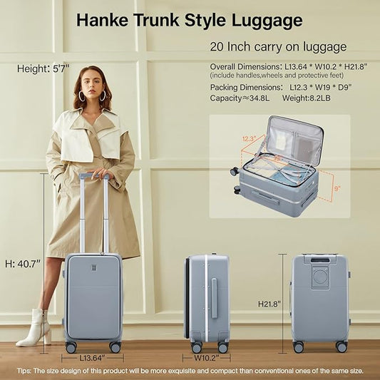 Hanke 20 Inch Carry On Luggage with Cup Holder and Charge,Top Opening Hard Shell Suitcases with Wheels and Dividers,Aluminum Frame Trunk Luggage Small Suitcase with Lock for Travel,Gray
