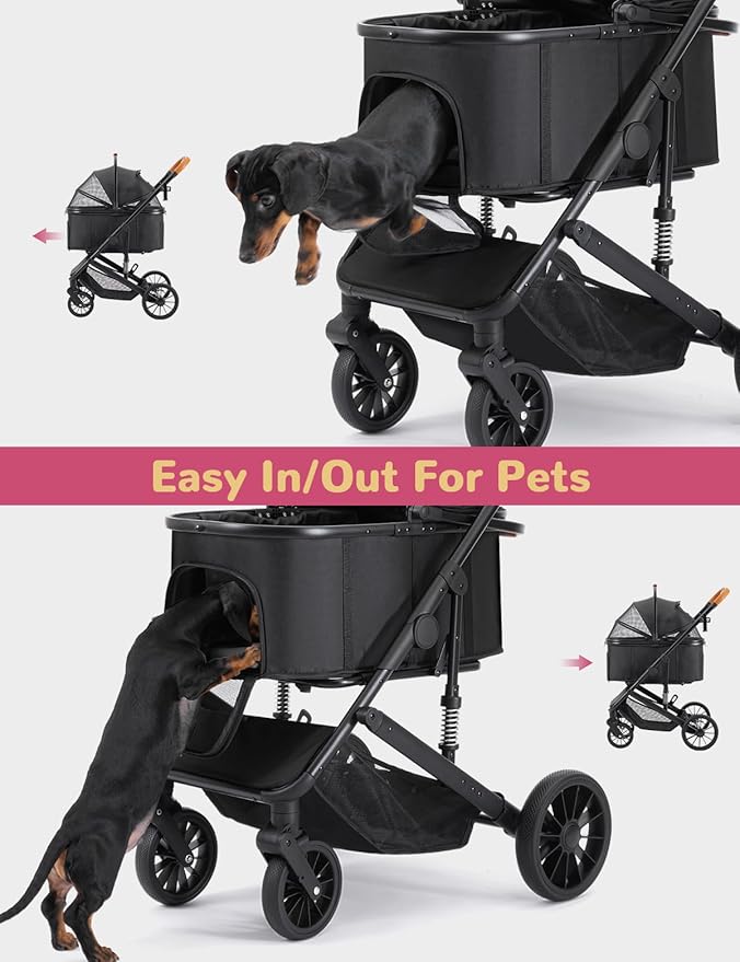Dog Stroller for Small Medium Dogs Up to 60lbs, 4 Wheels Folding Pet Stroller with Detachable Carrier, Pet Travel Carrier for 2 Dogs & Cats, Storage Basket, Breathable Mesh, Cup Holder, Black