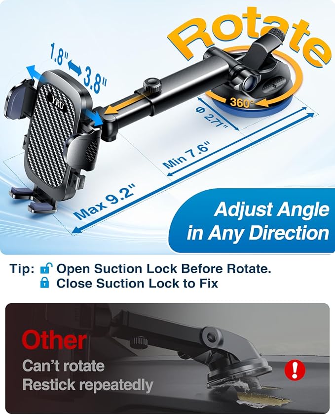 YRU True Military-Grade [360° Rotation Suction] 2026 Ultimate Car Phone Holder Mount 【90+LBS Safest Strongest & Patent Certs】 Dashboard Windshield Vent for iPhone 17 16 Pro Max Samsung, Gloss Black