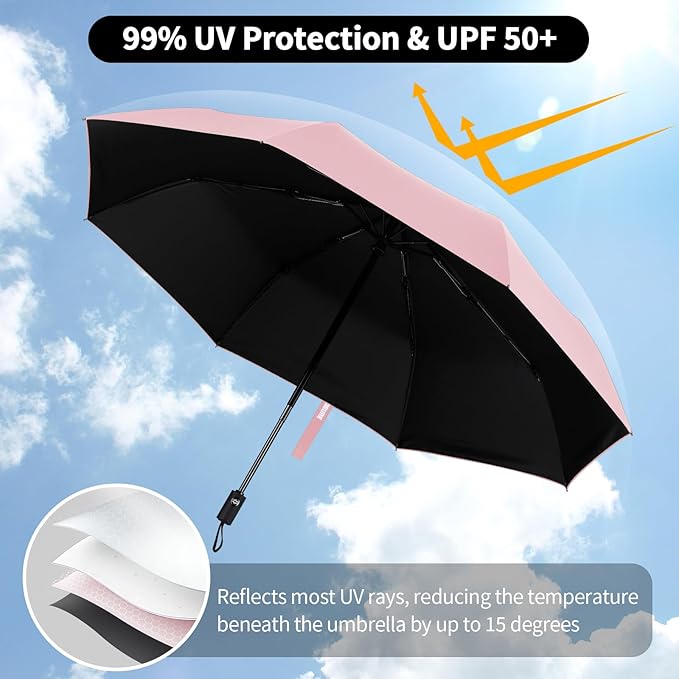 Yoobure Windproof Travel Umbrella - Automatic Umbrellas for Rain, Compact Folding Umbrella with UV Protection, Lightweight Portable Design for Backpack/Walking/Car, Sun & Storm Ready