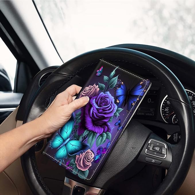 Car Registration and Insurance Holder, Leather Car Glove Box Organizer, Cool Car Accessories for ID, Driver's License Cards & Essential Document, business cards, Men&Women,Blue Pink Roses Butterfly