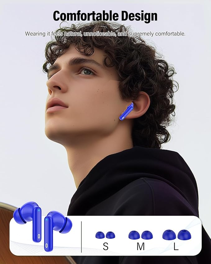 Wireless Earbuds, Bluetooth 5.4 Headphones Bass Stereo, Ear Buds with Noise Cancelling Mic, LED Display in Ear Earphones Clear Calls, IP7 Waterproof Bluetooth Earbuds for Laptop/Phones/Sports, Blue