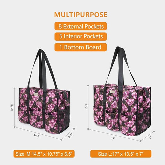 TOPDesign Utility Water Resistant Tote Bag with 13 Pockets, Top Zipper Closure & Thick Bottom Support, for Working Women