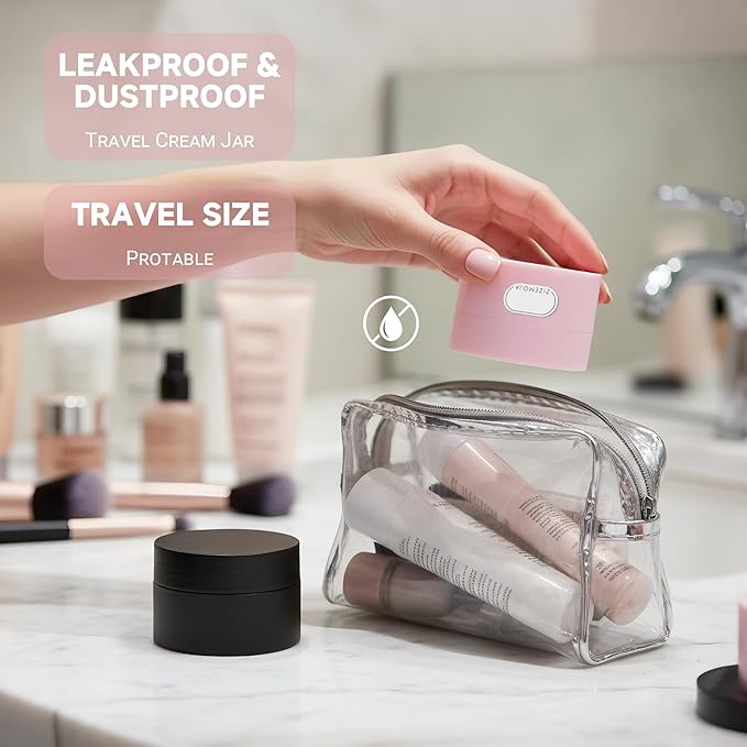 Travel Containers for Creams, Plastic Refillable Mini Lotion Jars with Lids for Toiletries, Leak Proof Small Travel Cream Jars for Face Cosmetic Makeup Beauty Products Sample (50g, 4Pack, Black Pink)