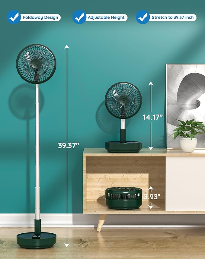 Primevolve Portable Oscillating Standing Fan,Rechargeable Battery Operated USB Floor Table Desk Fan with Remote, Bedroom Camping Travel Fans Green 7.7"