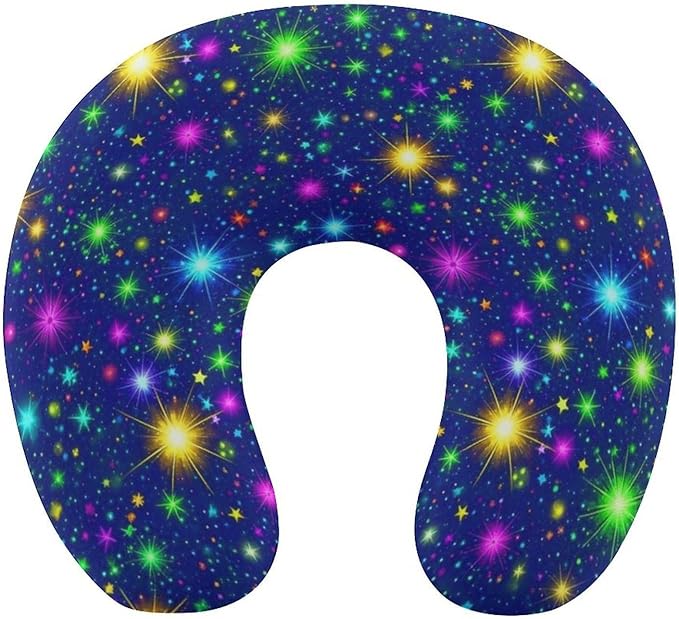 Pain Relief Travel Neck Pillow Colorful Galaxy Stars, Memory Foam U Shaped Support, Breathable Zip Cover for Airplane Car Office Men Women