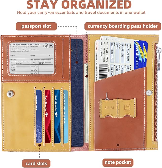 Real Leather Wallet Slim RFID Blocking Passport Holder Travel Document Organizer Blue (Brown)