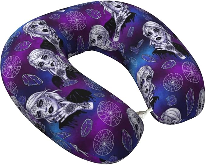 Travel Neck Pillow for Pain Relief Sleeping, Goth Gothic Women Girl Art, Comfortable Memory Foam Chin Head Cushion Support with Zip Cover, Fashion Car Flight Pillows
