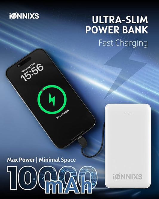 Portable Charger with Built in Cable - 10000mAh Ultra-Slim Portable Charger Power Bank with USB-C Cable, Lightning Cable - Fast Charge 20W - LED Battery Indicator, Power Bank (Gray, 10.000mAh)