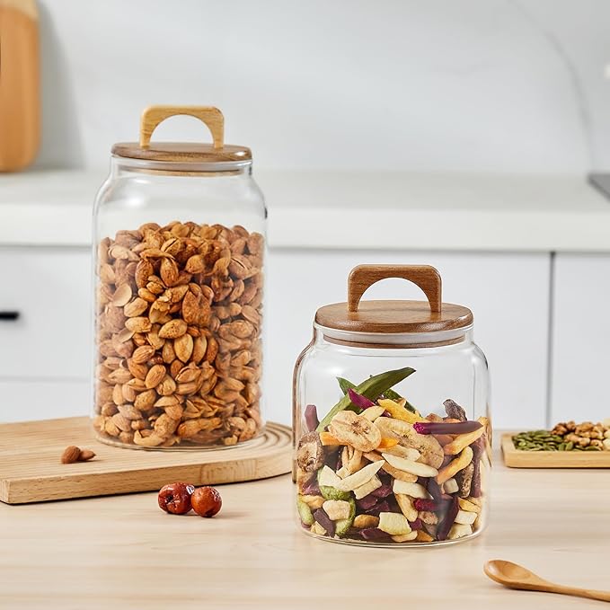 Sweejar Large Glass Candy Jars with Wooden Lids, 1 Gallon Glass Jar with Lid, Sugar/Flour Storage Containers, Big Glass Canisters with Airtight Lid, 1 Pack, Hand Lid