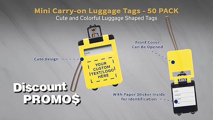 50 Mini Carry-on Luggage Tags Pack - Customizable Text, Logo - Flip Open Cover, ID Sticker - Yellow