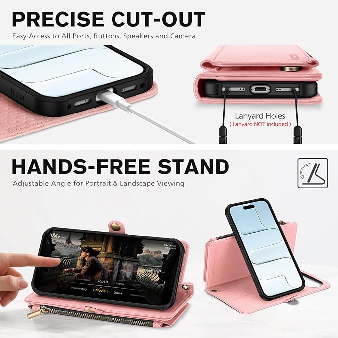TUCCH Detachable Crossbody Wallet Case for iPhone Air 6.5", 9 Card Slots RFID Blocking | Stand | Lanyard Wrist Strap | Wireless Charging | Zipper Pocket | PU Leather Magnetic Flip Cover | Rose Gold