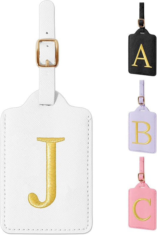 Personalized Initial Luggage Tags for Suitcase TSA Approved, White Leather Cute Luggage Tag with Privacy Cover Name Card, Embroidered Custom Luggage Tags Travel Baggage Tags Gifts for Women Kids(J)