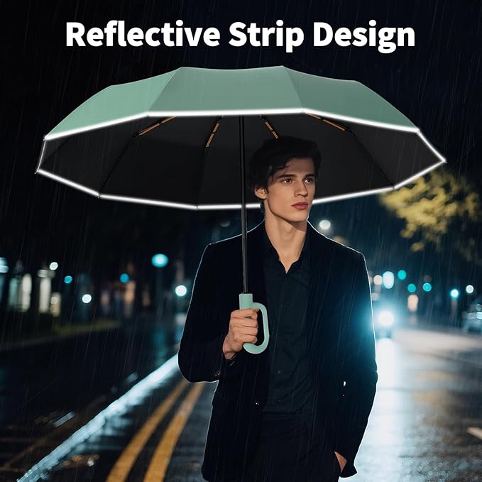 Seniny Travel Umbrella with Carabiner Handle, Windproof Large Umbrellas for Rain with Dual-Rib Structure, Portable Compact Umbrella with Reflective Strip, Car Backpack UV Umbrellas for Sun Protection