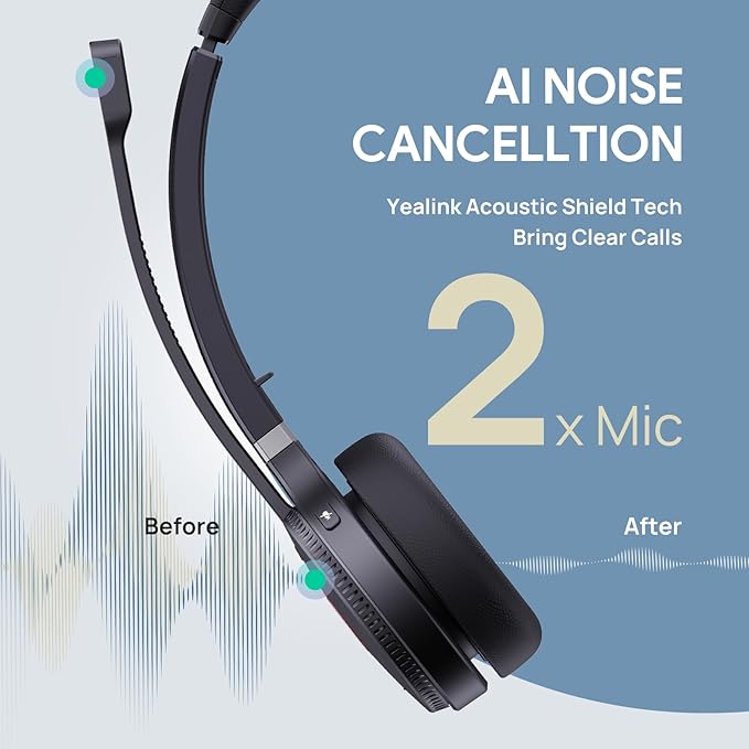 Yealink WH62 DECT Wireless Headset with DECT Base,525 Feet Range Teams/UC Zoom Certified Work Dual Ear Headset for Desk Phone and PC,Telephone Headset with Noise Cancelling Mic,Ringer,14 H Talk Time