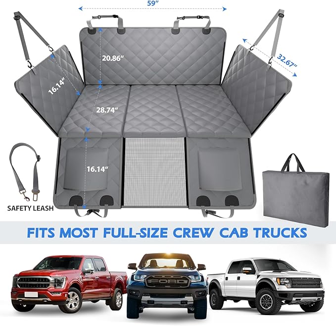 Back Seat Extender for Dogs-Upgraded Egg Crate Foam, Hard Bottom Dog Seat Cover for Truck Back Seat, Dog Hammock for Truck Crew Cab F150, RAM1500, Sierra, Silverado,Tundra, Titan (59‘x29’)