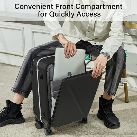 MILADA Wide Handle Luggage with Front Pocket Hardshell Aluminium Check In Suitcase with Wheels Medium 24 Inch Front Opening Checked Luggage with Spinner Wheels TSA Lock Airline Approved Luggage, Black