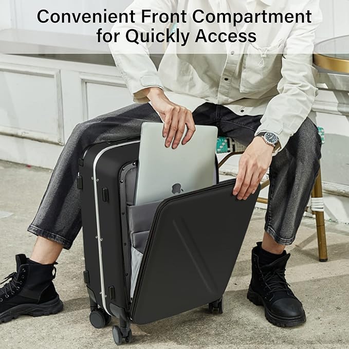 MILADA Wide Handle Carry On Luggage with Front Pocket Hardshell 20 Inch Front Opening Luggage with Spinner Wheels TSA Lock Aluminium Suitcase Airline Approved Carry-On Travel Luggage, Black