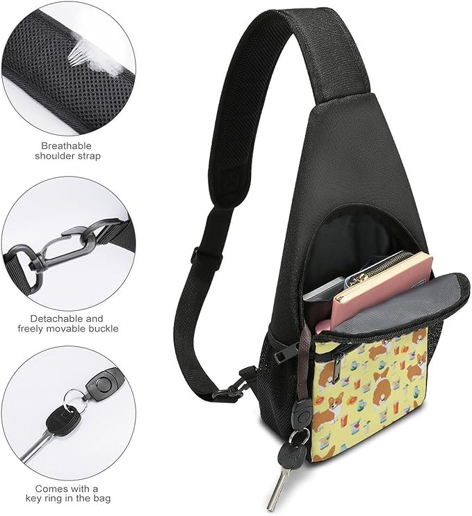 SWEET TANG Polyester Shoulder Sling Bag Multipurpose Casual Sport Daypack Unbalance Backpack with Small Pocket and Smooth Zipper, Shiba Inu Yellow Print Dog And Beverage