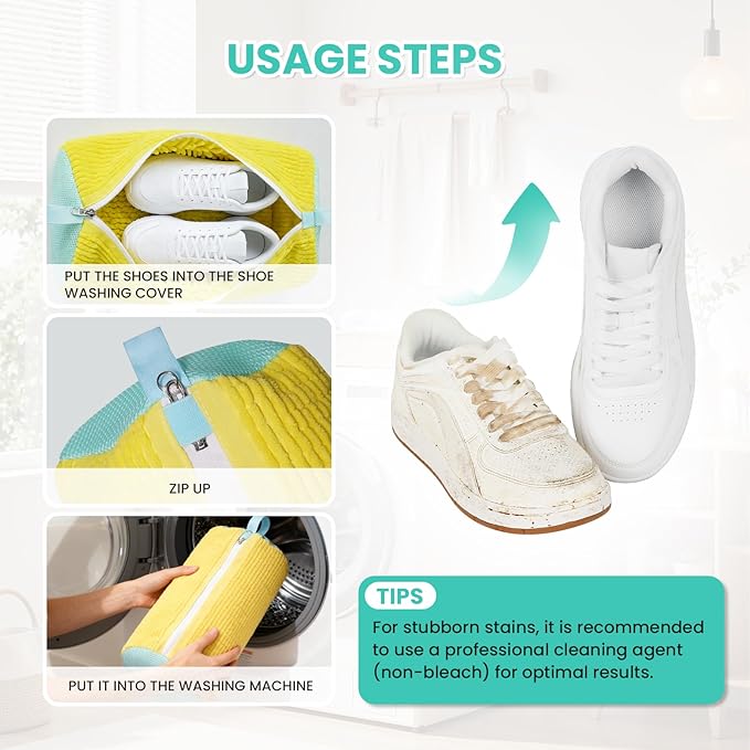 Shoe Washing Machine Bag, 2-Pack Reusable Shoe Bag for Washing Machine, 360° Deep Clean for Sneaker, Running Shoes,Bras, Delicates and Toys, Includes 2 Shoe Storage Dust Bags(Yellow)