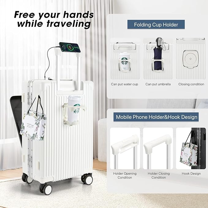 MRPLUM Front Pocket Carry On Luggage,PC Hardside Spinner Wheel Suitcase with TSA Lock,Cup Holder,Phone Holder&USB Charging Port,White(1 Piece)