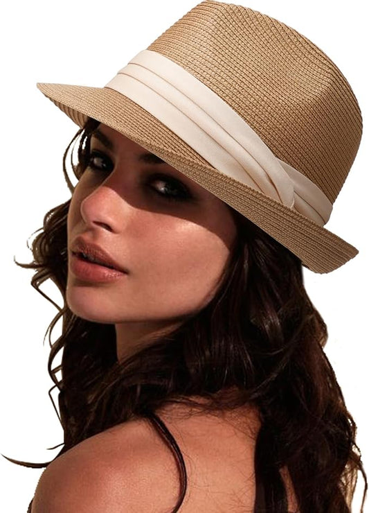 DRESHOW Women Straw Panama Hat Travel Fedora Beach Sun Hat Summer Wide Brim Straw Roll up Hat UPF 50+