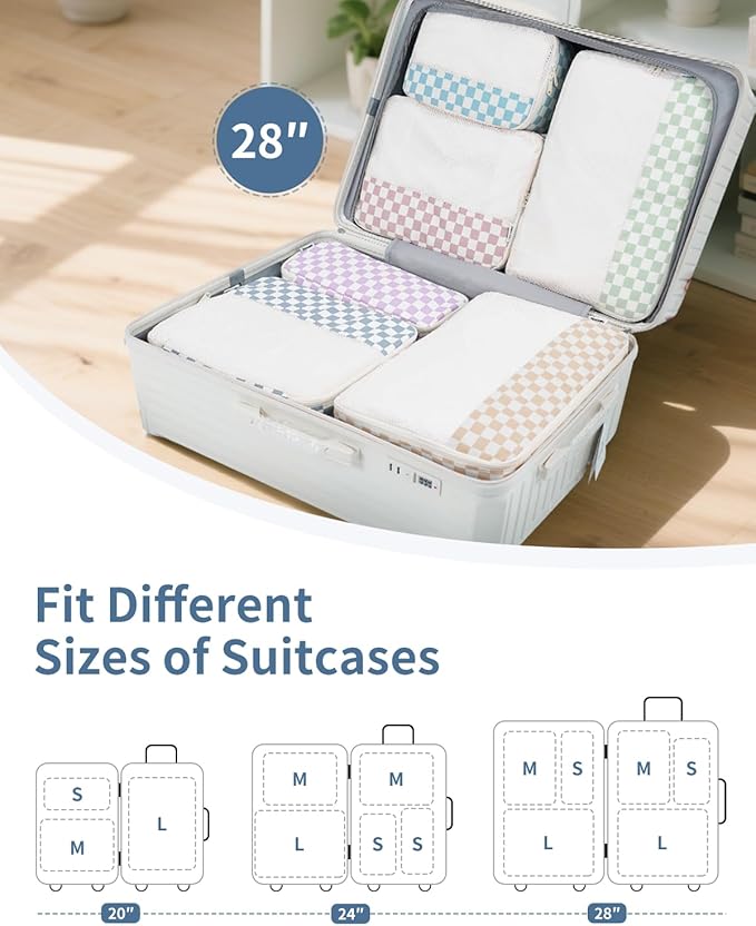 Narwey 7 Set Checkered Packing Cubes for Travel Carry on Suitcase Luggage Organizer Bags for Kids Women Men, Durable Packing Organizers Bag, Travel Essentials Accessories (Combined Checkerboard)