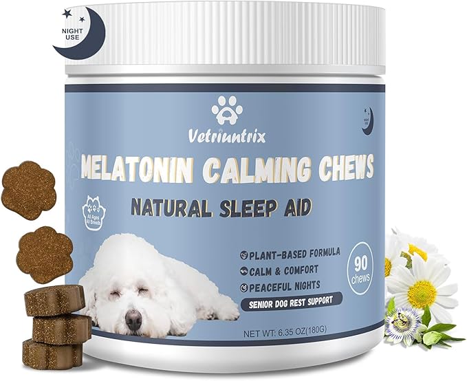Melatonin for Dogs, Dog Calming Chews for Sleep Aid, Fireworks, Storms, Thunder, Barking, Separation, Calming Chews for Dogs with Valerian Root & L-Theanine, 90 Count
